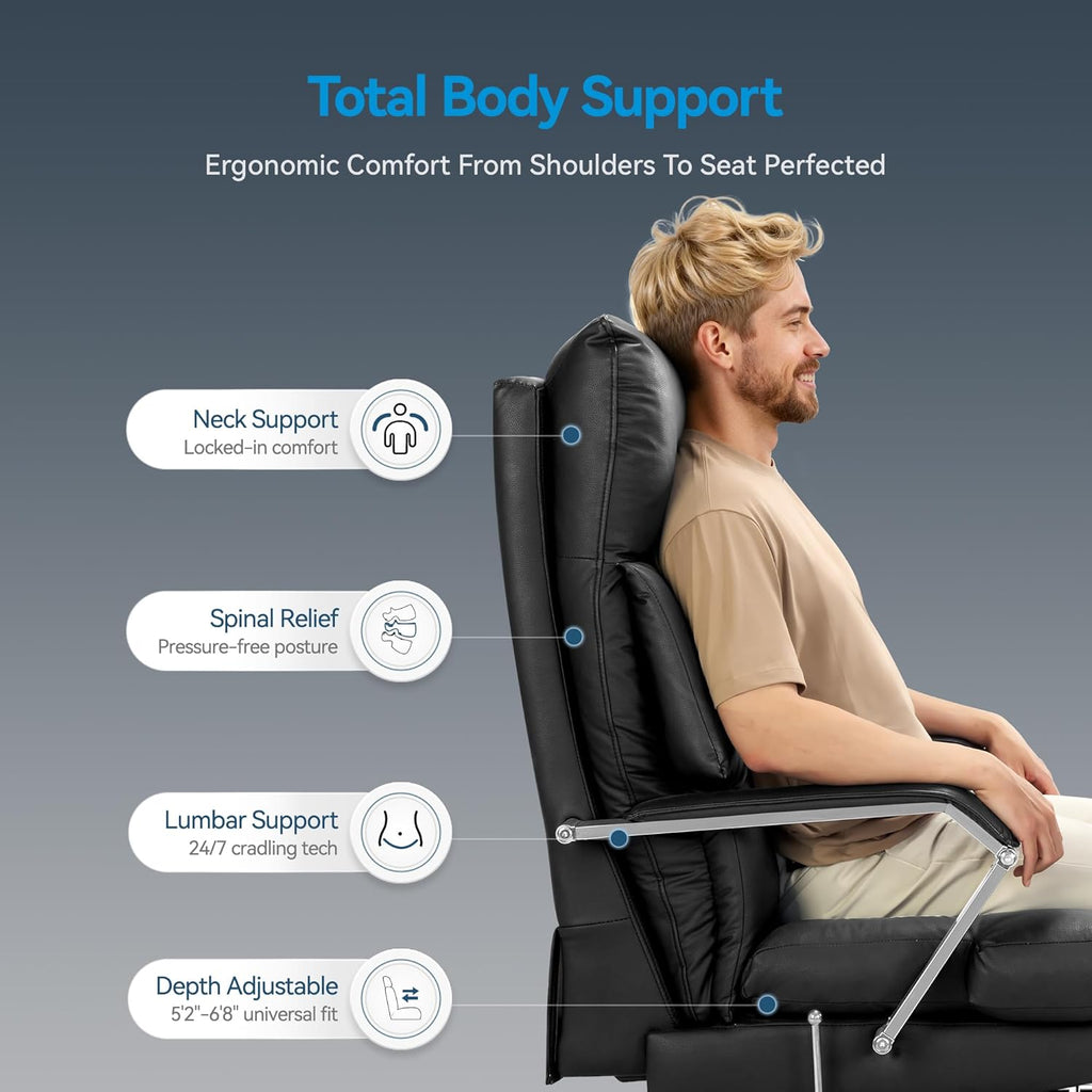 M76 160° Reclining Office Chair with Footrest, 10" Thick Cloud Cushion Executive Desk Chair, Extra Wide Cross-Legged Ergonomic Chair for Big and Tall, Adjustable Seat Depth, Easy Assembly, Black