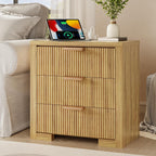 Fluted Nightstand Set of 2 with Charging Station, 23.6" Night Stand with 3 Drawers,End Table with Storage, Bed Side Table for Bedroom,Modern Nightstand for Living Room, Natural Oak