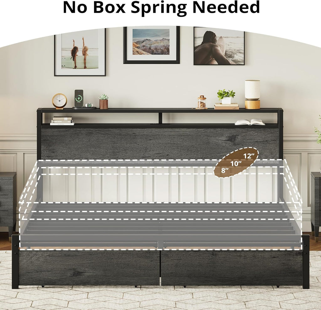 LIKIMIO California King Bed Frame with Storage Headboard, Platform Bed with Drawers and Charging Station, No Box Spring Needed, Easy Assembly, Charcoal Grey