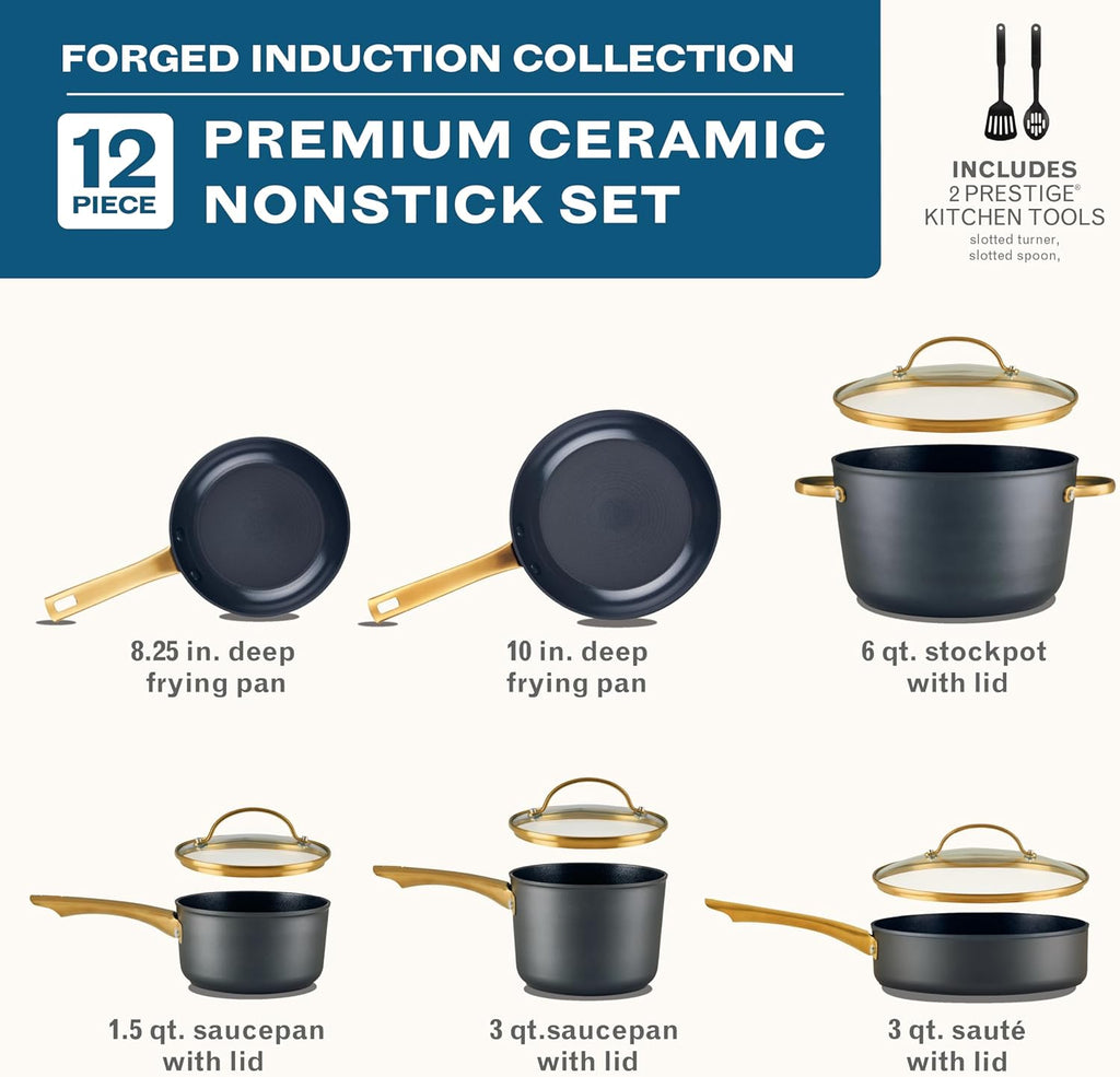 Farberware Forged Induction Ceramic Nonstick Pots and Pans Set with Lids and Kitchen Cooking Tools - Dishwasher Safe, Suitable for All Stovetops, 12 Piece Cookware Set - Black and Gold