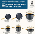 Farberware Forged Induction Ceramic Nonstick Pots and Pans Set with Lids and Kitchen Cooking Tools - Dishwasher Safe, Suitable for All Stovetops, 12 Piece Cookware Set - Black and Gold