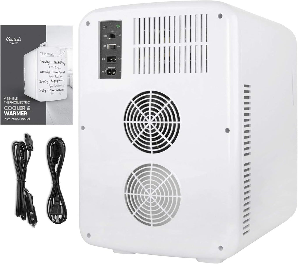 Cooluli Vibe Mini Fridge for Bedroom - With Cool Front Magnetic Whiteboard - 15L Portable Small Refrigerator for Travel, Car & Office Desk - Plug In Cooler & Warmer for Food, Drinks & Skincare (White)