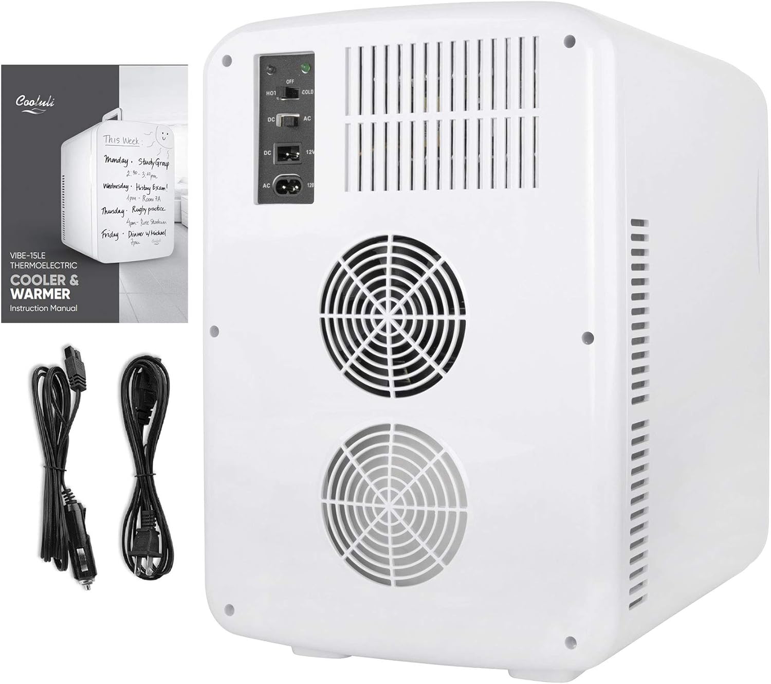 Cooluli Vibe Mini Fridge for Bedroom - With Cool Front Magnetic Whiteboard - 15L Portable Small Refrigerator for Travel, Car & Office Desk - Plug In Cooler & Warmer for Food, Drinks & Skincare (White)