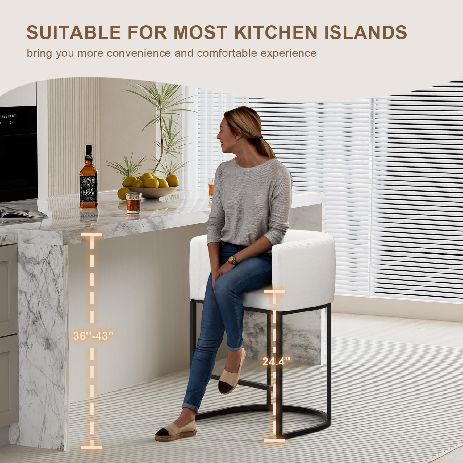 26" H Counter Height Bar Stools Set of 4, Modern Barrel Counter Stools with Backrest and Arms, Linen Fabric Upholstered Accent Barstools for Kitchen Island,Support 450 LBS (White)
