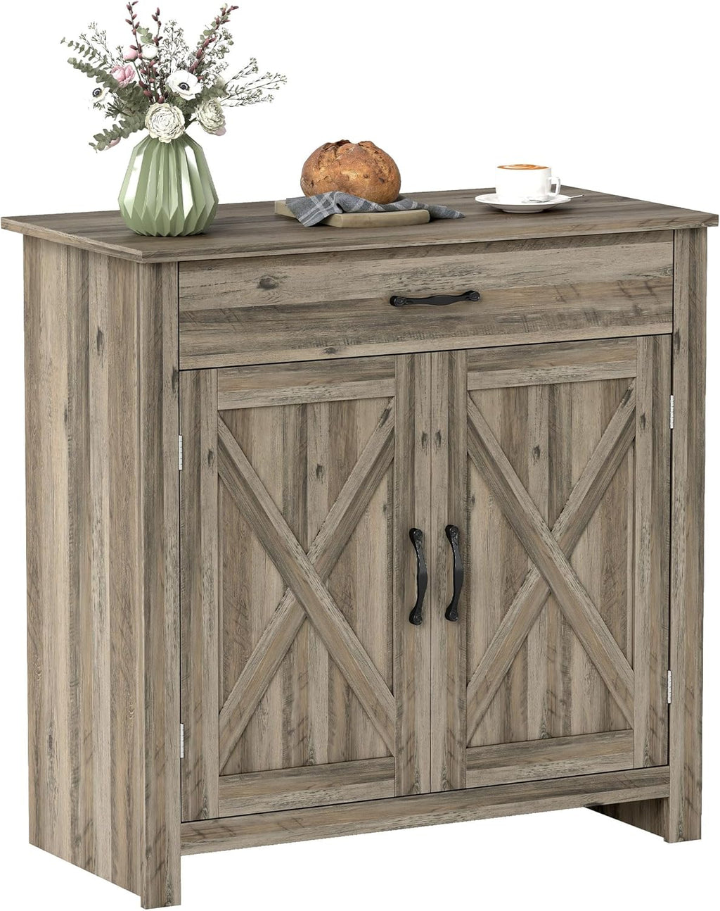 HOMCOM Farmhouse Sideboard Buffet Cabinet, Barn Door Coffee Bar Cabinet with Drawer and Adjustable Shelf for Kitchen, Living Room, Entryway, Gray