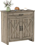 HOMCOM Farmhouse Sideboard Buffet Cabinet, Barn Door Coffee Bar Cabinet with Drawer and Adjustable Shelf for Kitchen, Living Room, Entryway, Gray