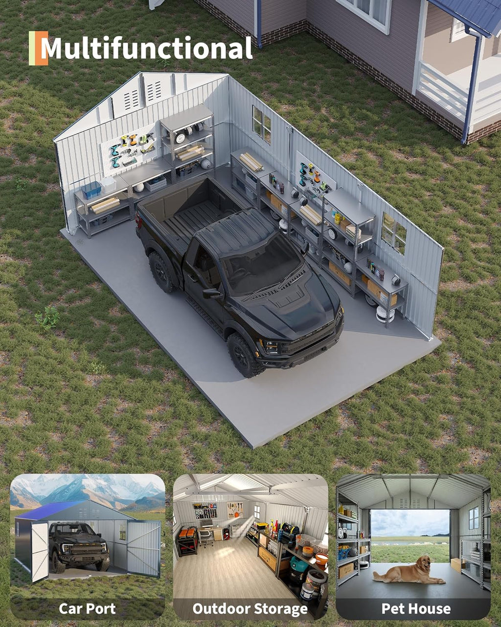 GarveeLife 12x20 FT Metal Carport  Enclosed Car Port with Reinforced Frame and Steel Roof for All-Weather Use  Metal Garage Shed for Full-Sized Pickup Trucks