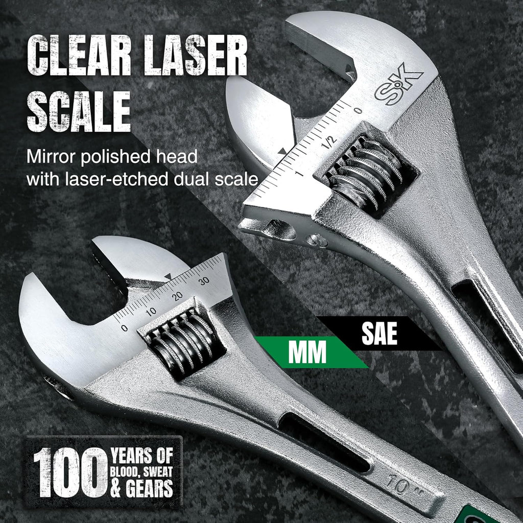 SK 3-Piece Adjustable Wrench Set, 6-Inch, 8-Inch, 10-Inch, Cr-V Steel, SAE & Metric Scales