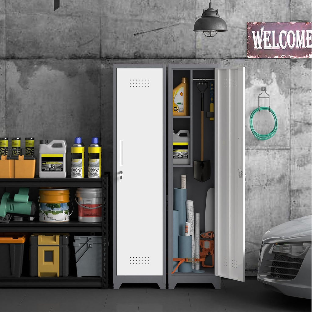 Metal Garage Storage Cabinet,Broom Closet Storage Cabinet,Utility Closet Cabinet for Garage,Office,Gym,Grey-White