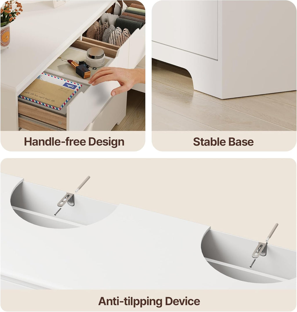 Gizoon 8 Drawer Dresser, 47" Wide White Dresser for Bedroom with Cut-Out Handles, Modern Wooden Chest of Drawers with Anti-Tip Kit, for Living Room, Hallway, Entryway, Home Office
