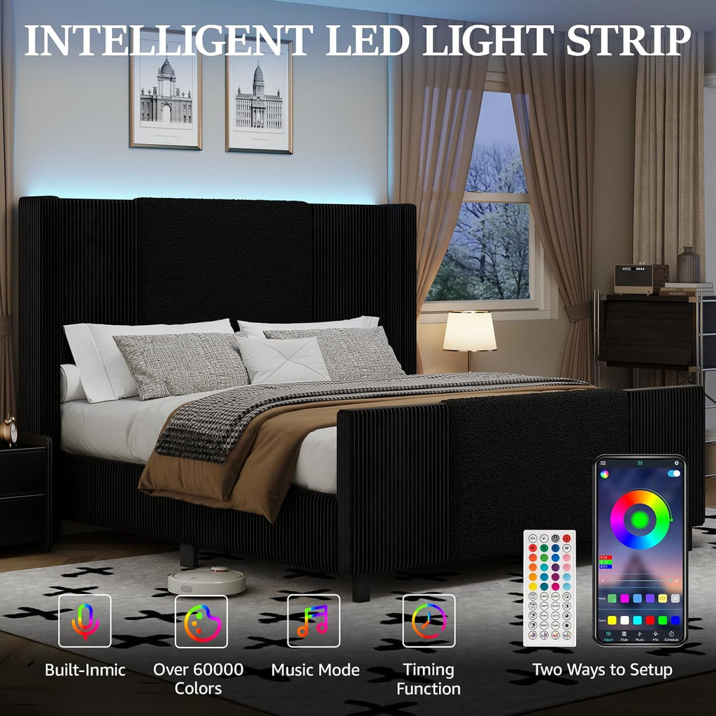 Queen Upholstered Bed Frame with Headboard and Footboard, Boucle and Velvet Bed Frame with LED Lights, Modern Platform Bed Frame, Noiseless, Easy Assembly, Black
