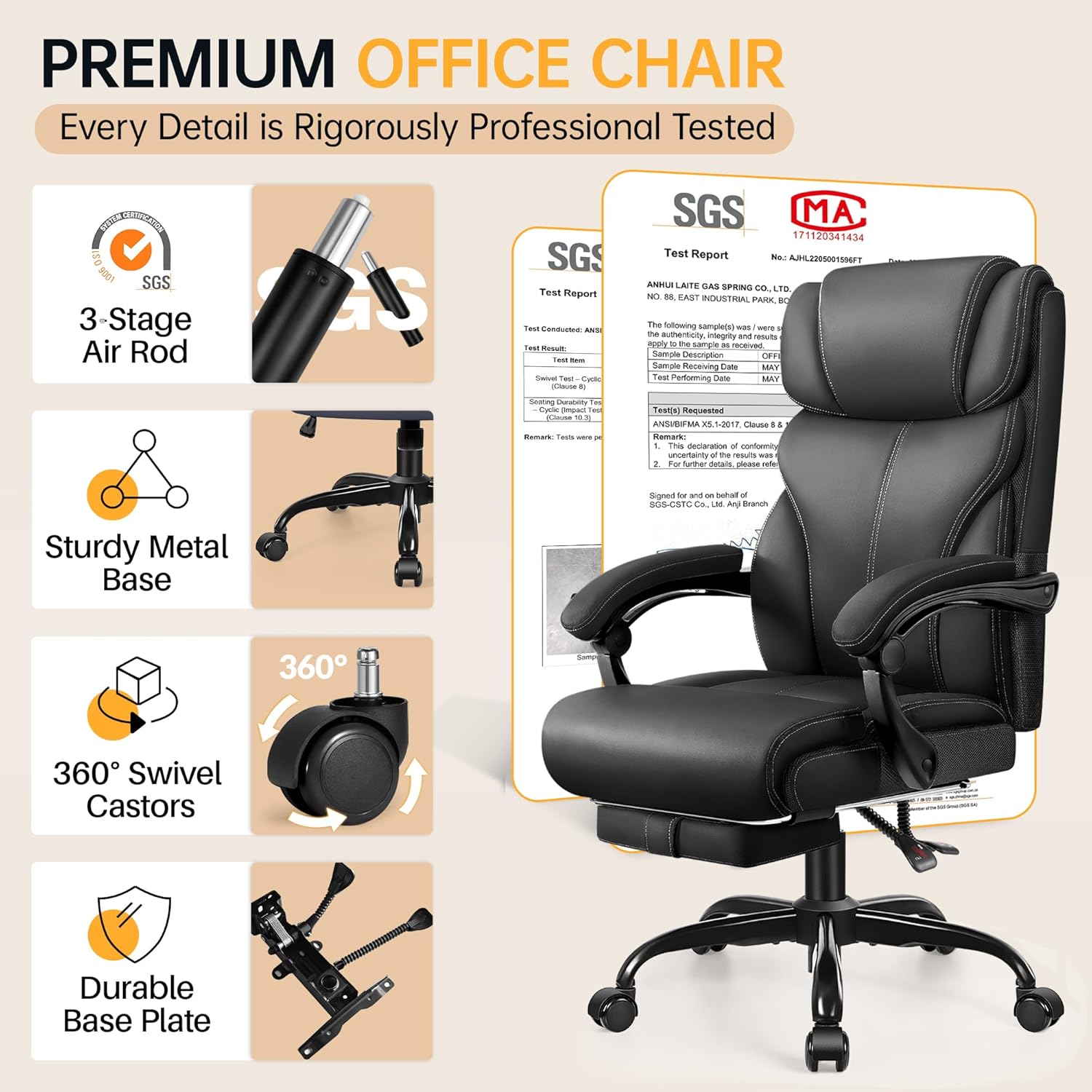 Office Chair, Executive Big and Tall Leather Desk Chairs with Footrest, Ergonomic Breathable Computer Chair with Adjustable High Back, Lumbar Support Swivel PC Chairs with Rocking Function