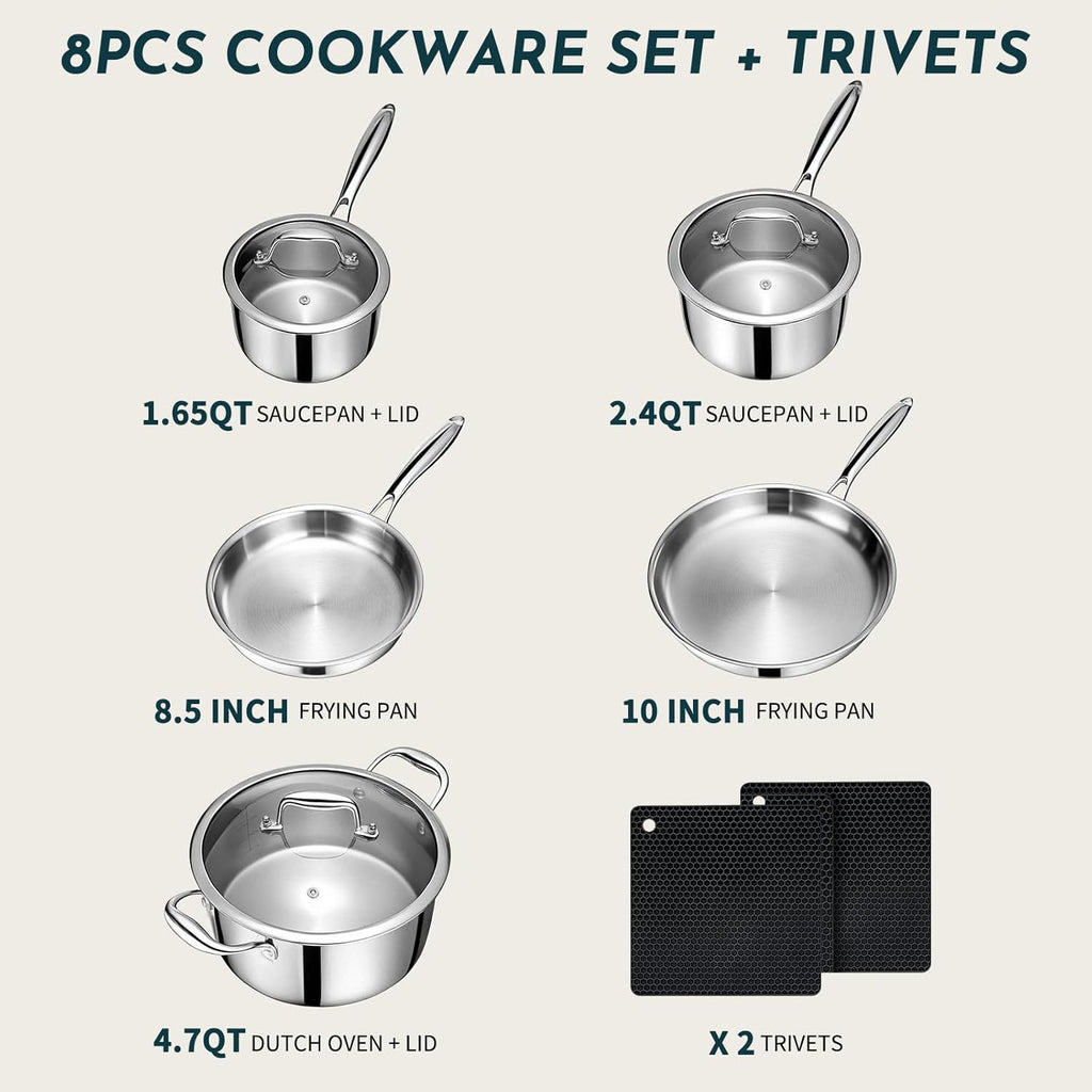 3 Ply Stainless Steel Cookware Set, AIVIKI 10-Pieces Pots and Pans Set, Induction Kitchen Cookware Set, Oven Safe to 500℉, Chef Quality Cooking Set w/Fry Pans, Saucepans, Dutch Oven, Kitchen Essential