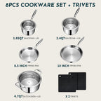 3 Ply Stainless Steel Cookware Set, AIVIKI 10-Pieces Pots and Pans Set, Induction Kitchen Cookware Set, Oven Safe to 500℉, Chef Quality Cooking Set w/Fry Pans, Saucepans, Dutch Oven, Kitchen Essential
