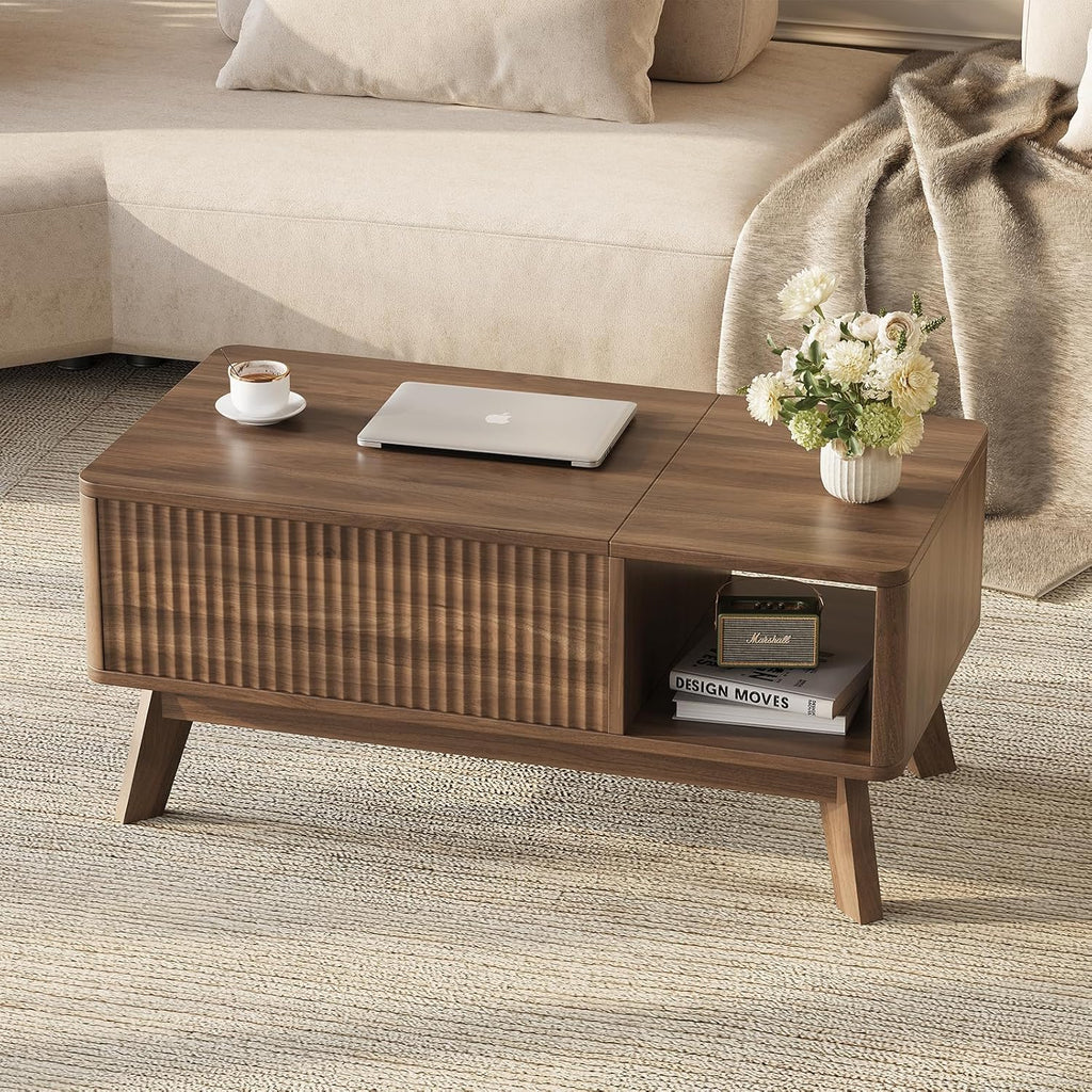 Wood Lift Top Coffee Table with Hidden Compartment and Large Storage Shelf, Lift Tabletop Dining Center Table for Home Living Room Office,Walnut