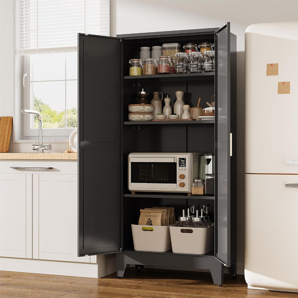 Metal Pantry Cabinet, 61”H Kitchen Pantry Storage Cabinets with 2 Doors & 3 Adjustable Shelves, Black Kitchen Pantries Cabinet, Tall Cabinet with 2 Gold Handles for Dining Room, Living Room