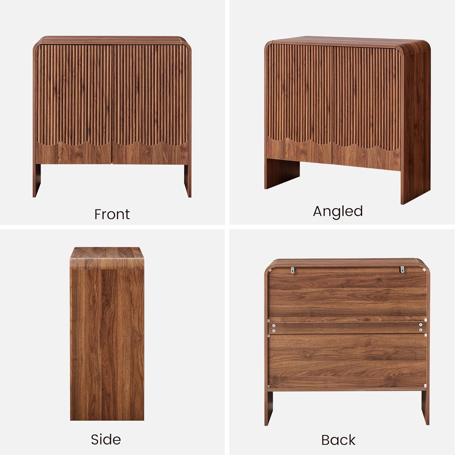Fluted Sideboard Buffet Cabinet with Storage Set of 3, Mid Century Modern Storage Cabinet with Curved Edge and Adjustable Shelves for Kitchen Dining Room Living Room (Walnut, 3 pcs)