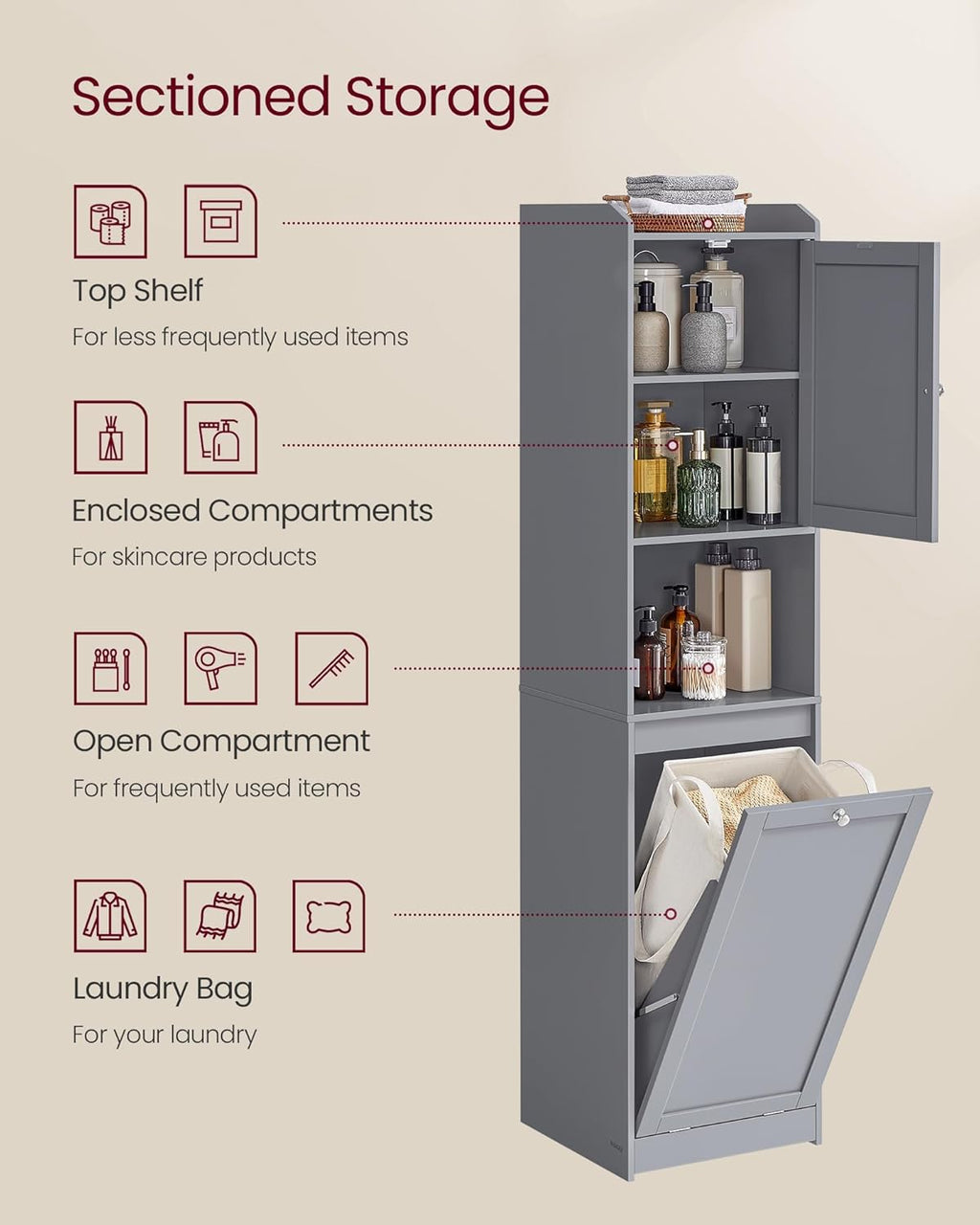 VASAGLE Tall Storage Cabinet, Storage Unit with Removable Laundry Basket, Compartment and Cabinet, for Bathroom, Living Room, 15.8 x 15.8 x 66.9 Inches, Dove Gray UBBC761G02
