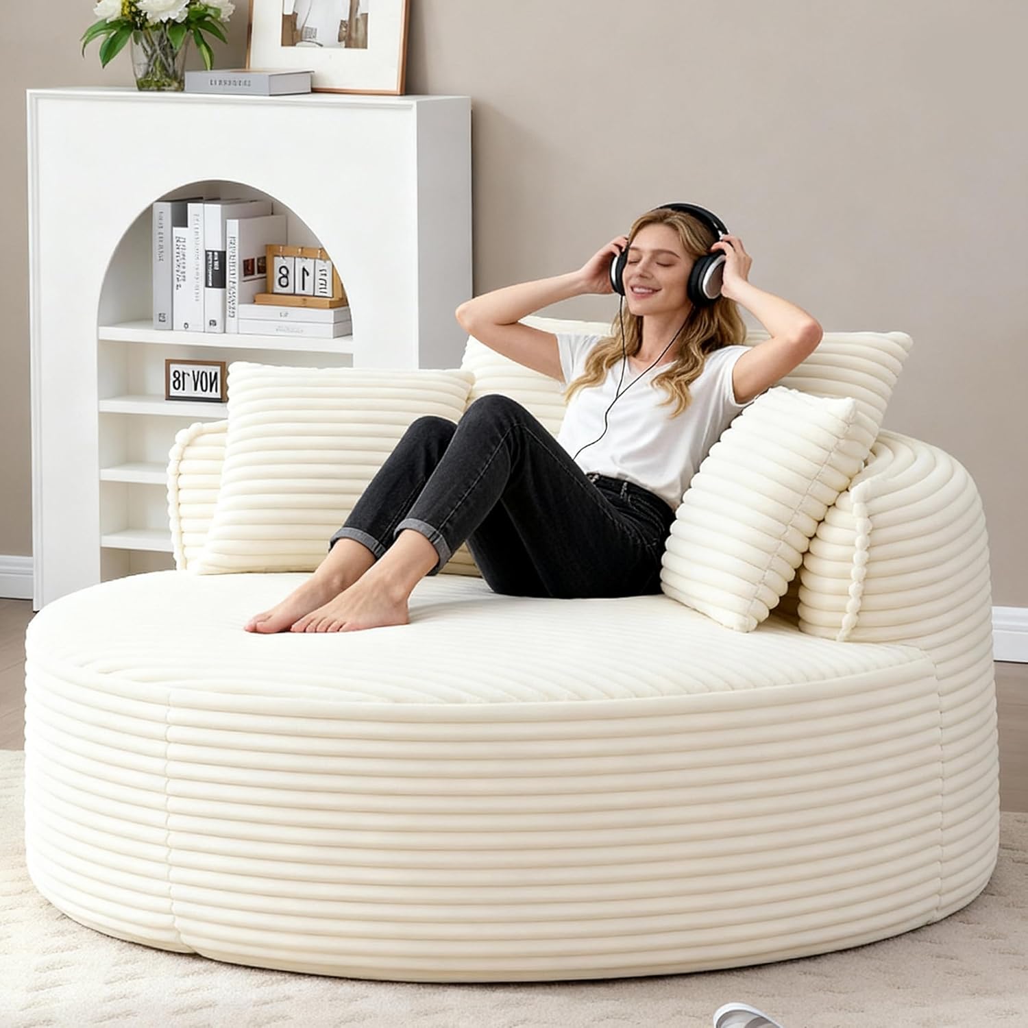 Oversized Round Chair Lounge Chaise Indoor, 53.5" Corduroy Boneless Round Chair, Fluffy Single Deep Seat Cloud Sofa Chairs, Modern Circle Chaise Lounge for Bedroom, Living Room, Beige White