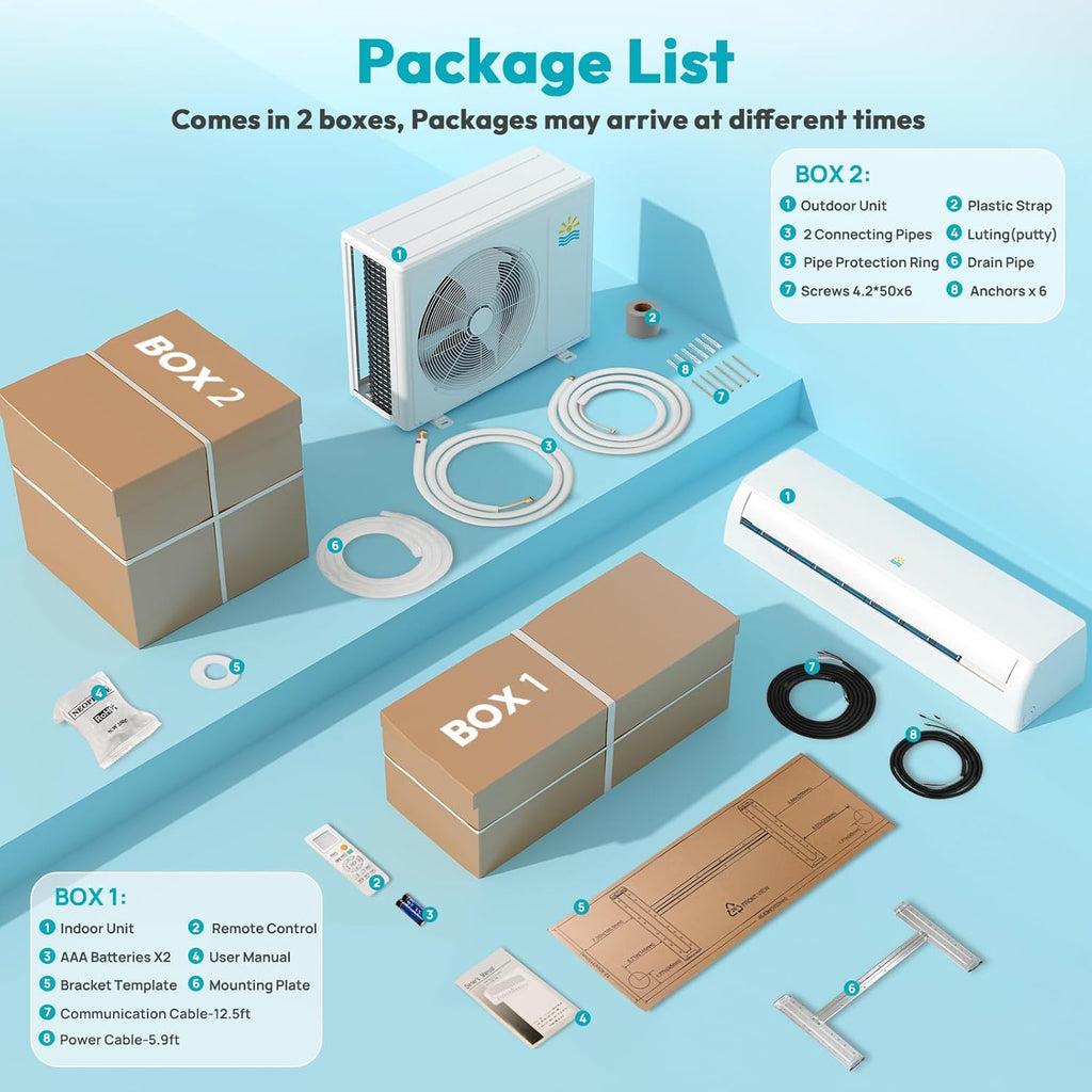Mini Split AC/Heating System - 18000 BTU Mini Split AC Unit Inverter Heating and Cooling, 19 SEER2 230V Energy Efficient Ductless Air Conditioner Up to 1250sq.ft, 24H Timer, Installation Kit