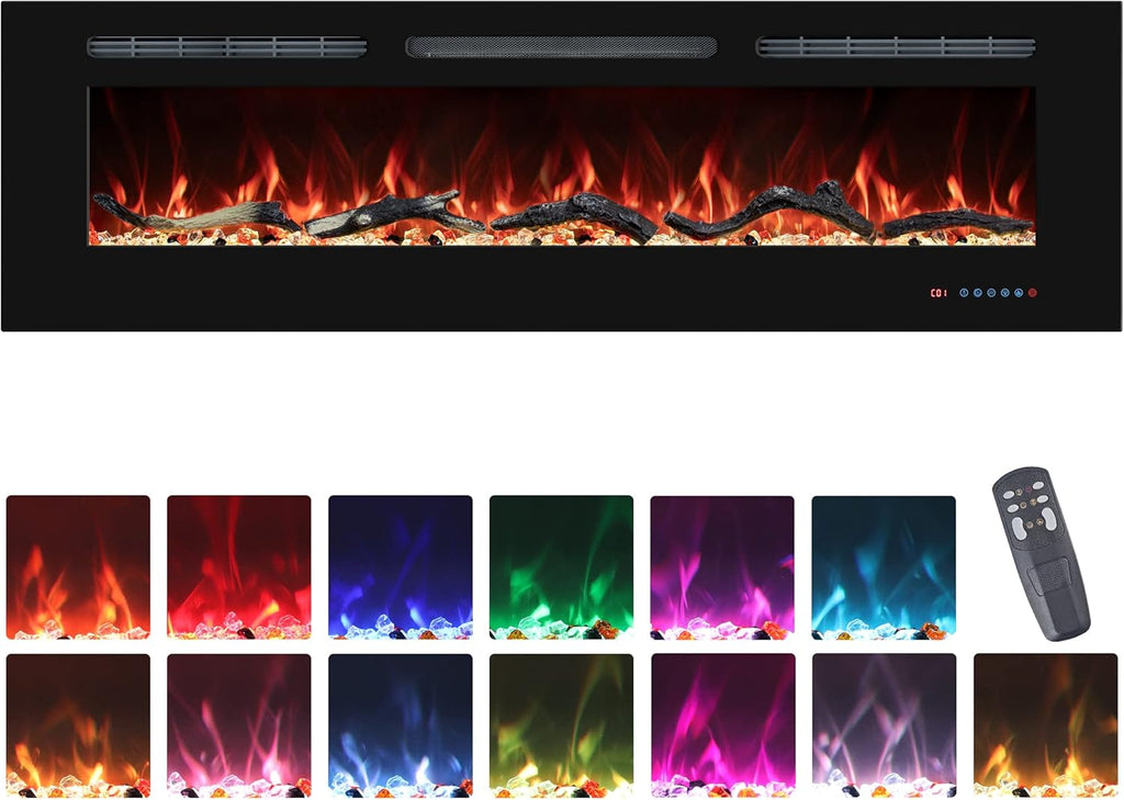 72" Electric Fireplaces Inserts, Recessed & Wall-Mounted Fireplace Heater with Thermostat, Multicolor Flames,Timer, Log & Crystal, 750/1500W