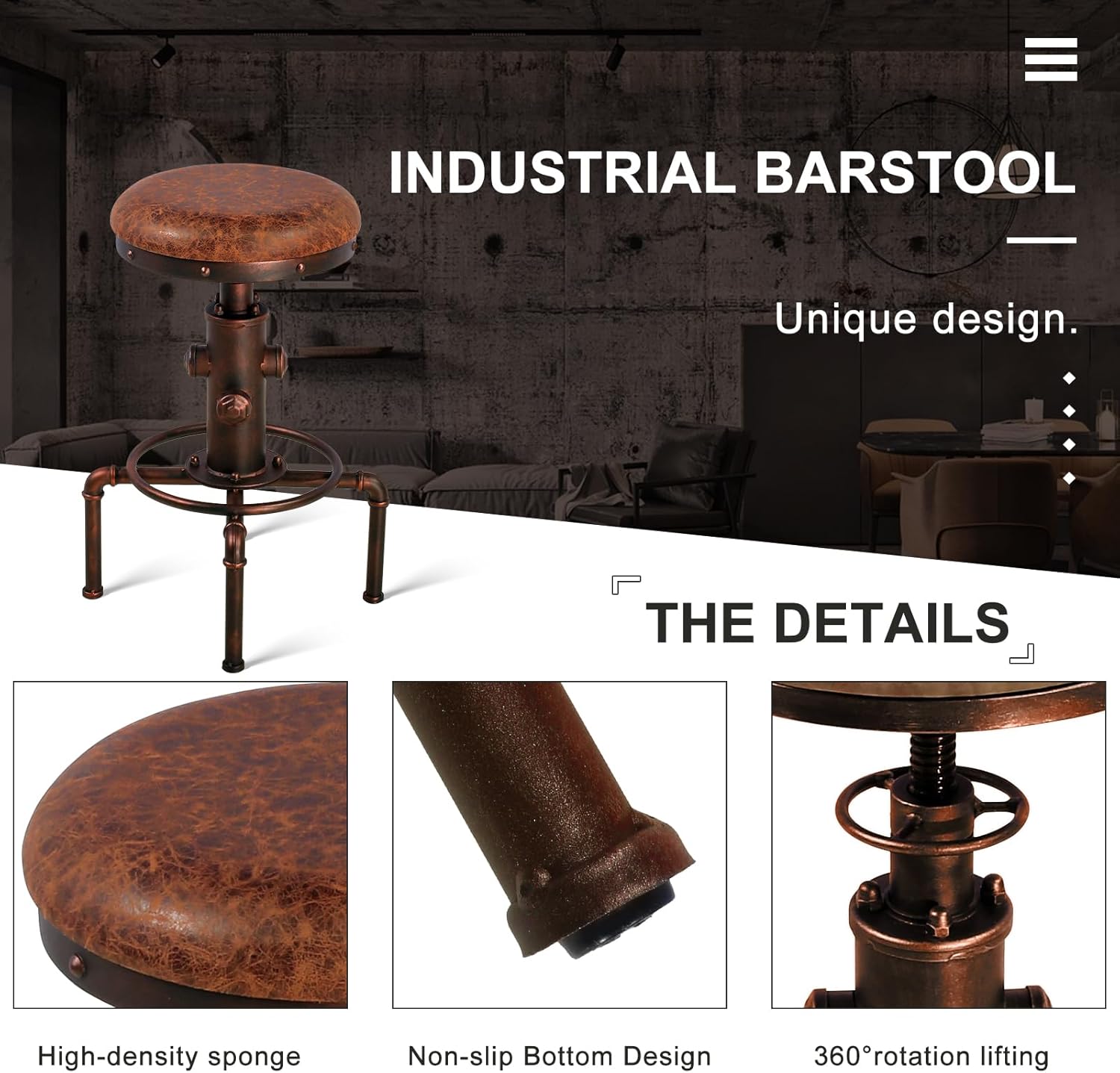 Topower 5 Piece Pub bar Set Industrial bar Table and PU Leather Seat Stools for 4, Height Adjustable Pub Table and stools Match bar Height and Counter Stool Red Bronze(1 Table + 4 Chairs)