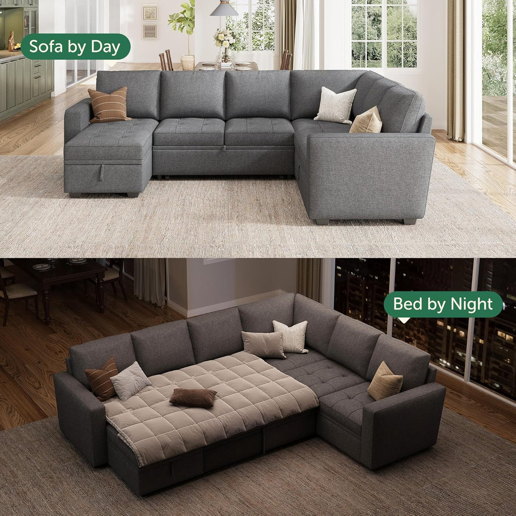 HONBAY Modular Sectional Sleeper Sofa with Pull Out Bed, Convertible L Shaped Couch with Storage Seat, Sectional Couches for Living Room,Grey