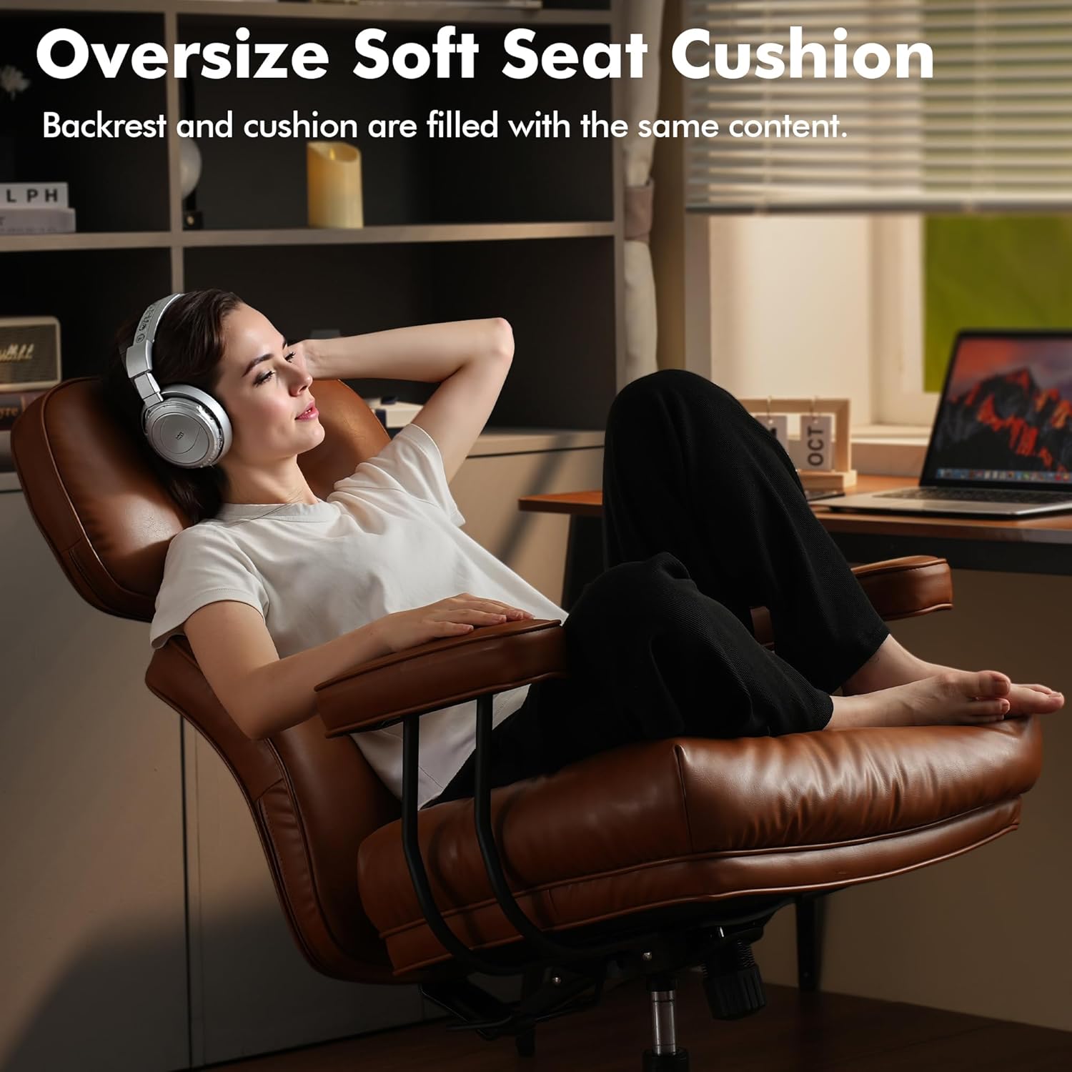 High Back Executive Office Chair with Comfortable Deep Seat,Brown PU Leather Modern Office Chair,Ergonomic Big and Tall Computer Desk Chair with Lumbar Support(Light Brown)