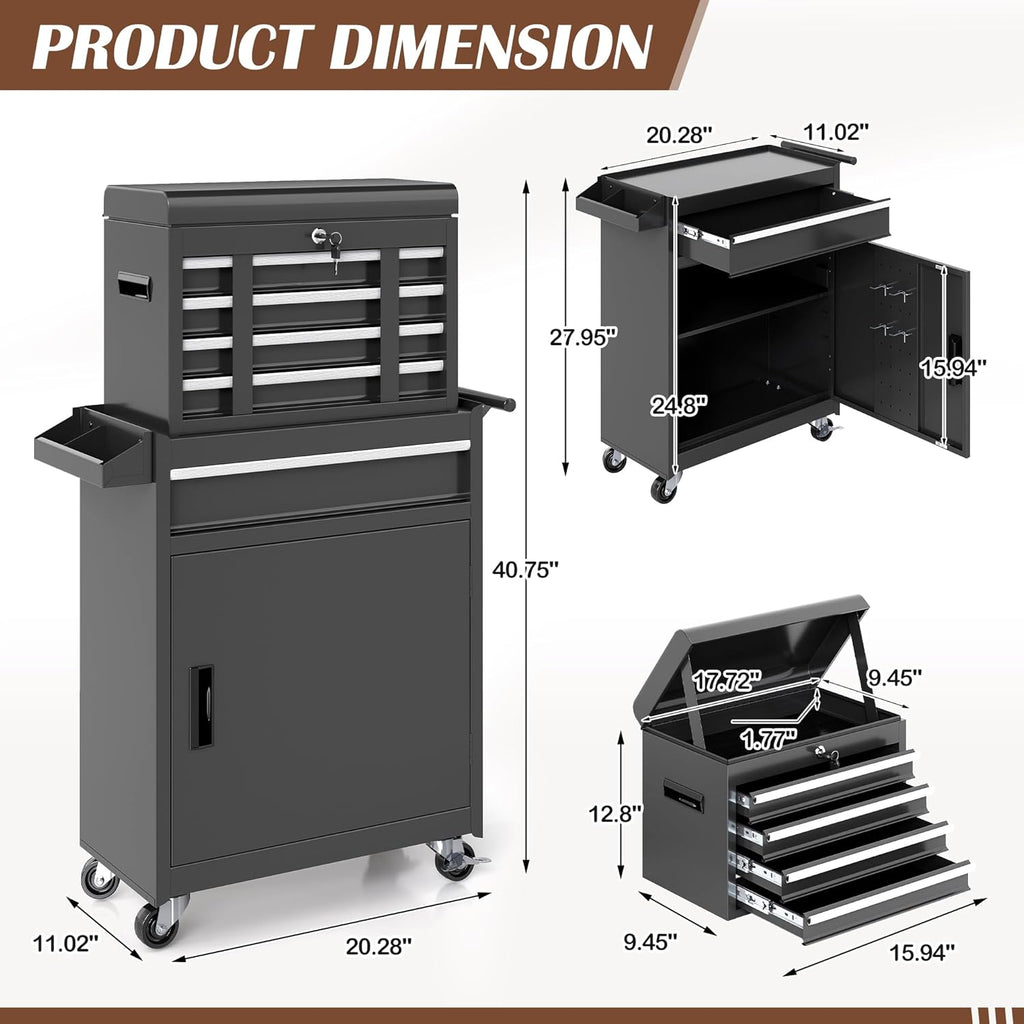 Tool Chest, 5 Drawer Rolling Tool Storage Cabinet with Detachable Top Tool Box, Metal Tool Cart with Lockable Wheels & Sliding Drawers for Garage, Workshop