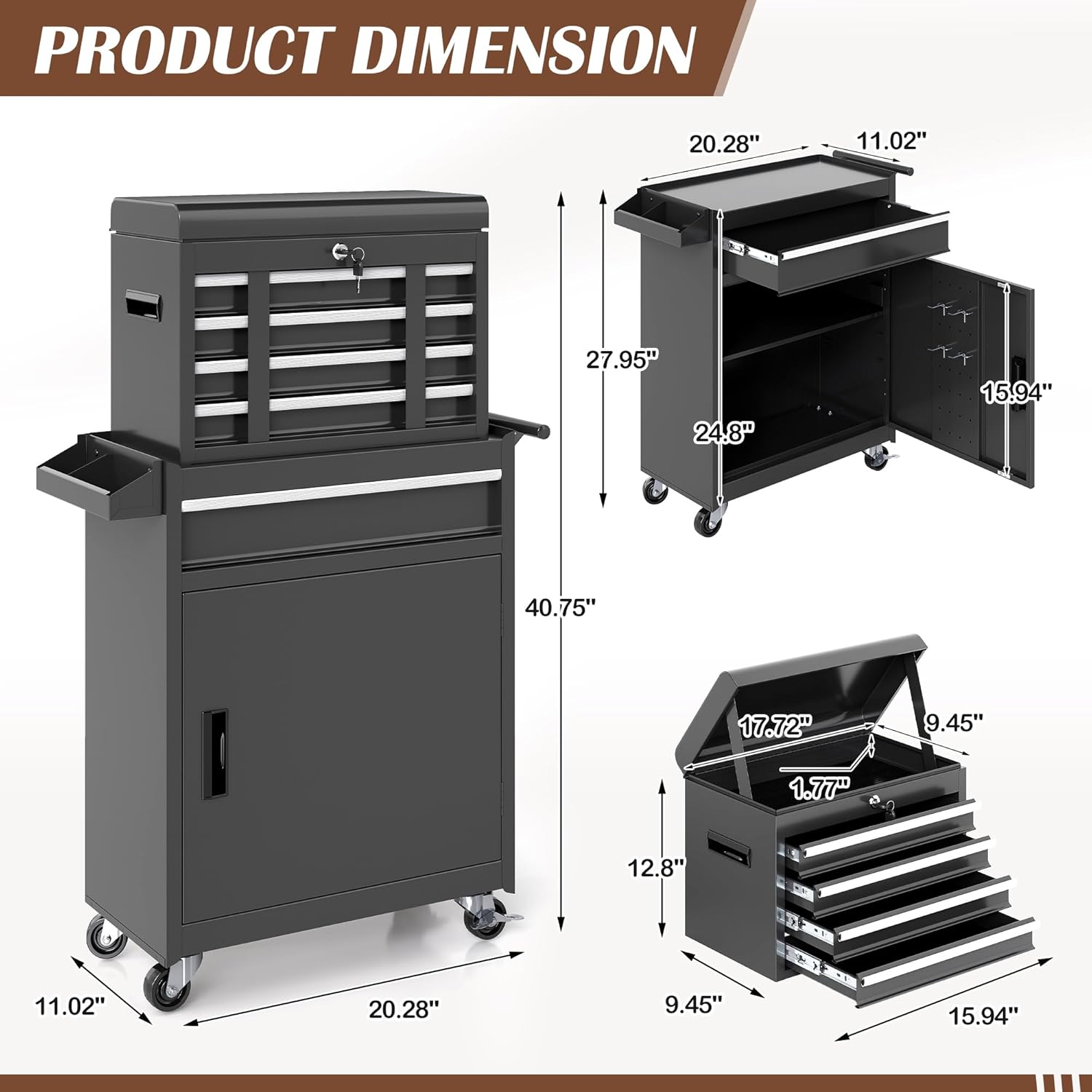 Tool Chest, 5 Drawer Rolling Tool Storage Cabinet with Detachable Top Tool Box, Metal Tool Cart with Lockable Wheels & Sliding Drawers for Garage, Workshop