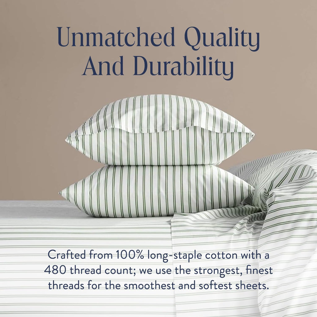 Brooklinen Luxury Sateen Duvet Cover - 100% Cotton, Twin/Twin XL Size in Green Tandem Stripe with Extra-Long Corner Ties and Button Closure - Best Twin/Twin XL Duvet Covers