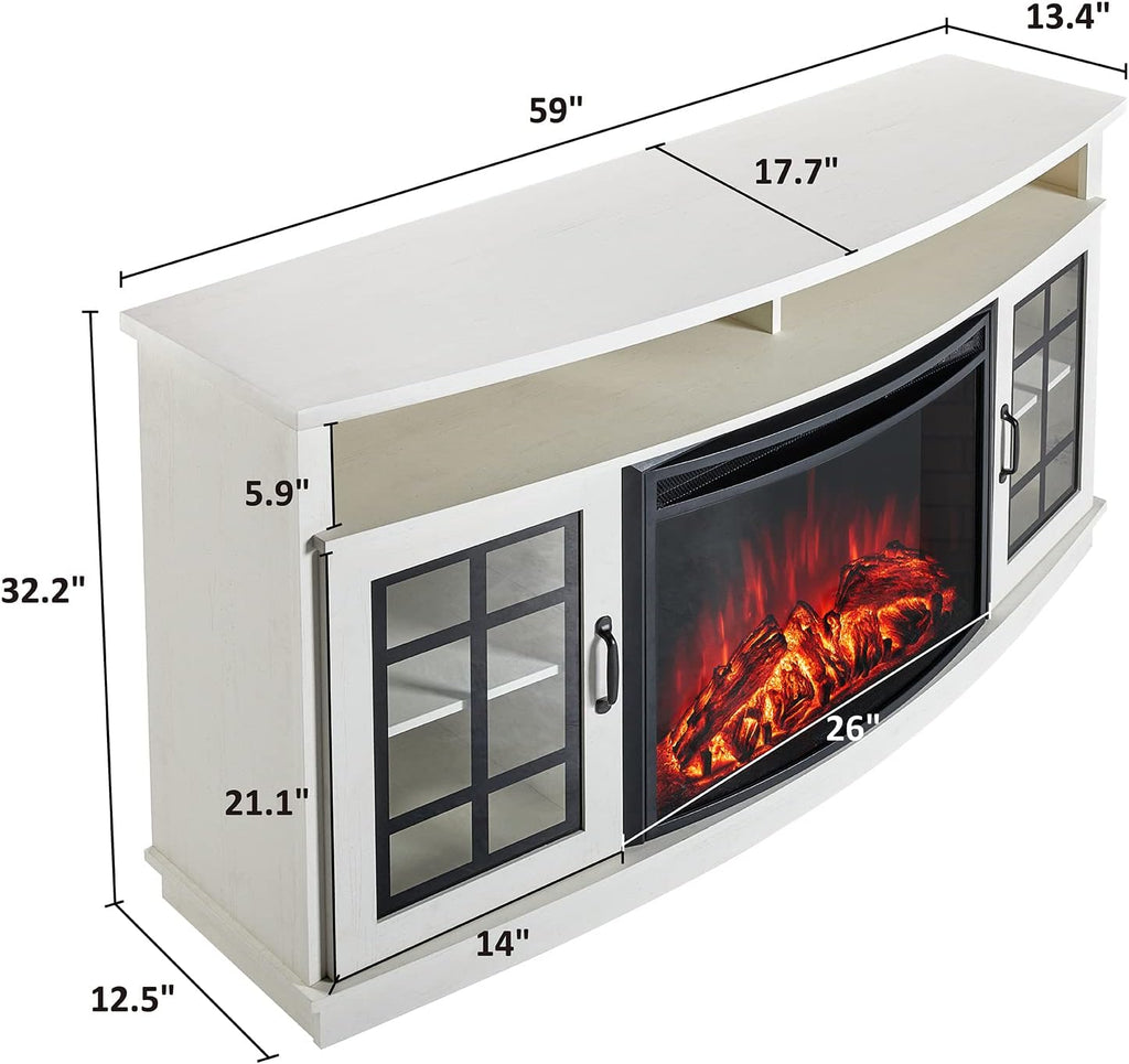 AMERLIFE Curved Fireplace TV Stand with 26'' Electric Fireplace, Media Entertainment Center Farmhouse Glass Door Storage Cabinet, Open Shelve Console Table for TVs up to 65'', Distressed White
