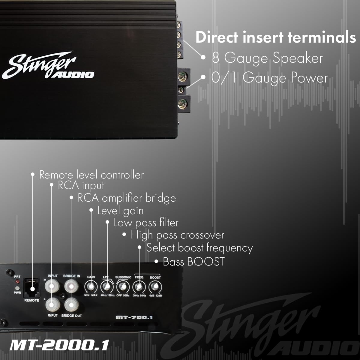 Stinger Audio MT20001 1-Channel Monoblock 2000 Watt RMS Car Audio Subwoofer Amplifier w/Remote Control Bass Knob  Class D  Hexfet Mosfet  Subsonic Filter  Low-Pass Filter  Bass Boost Q