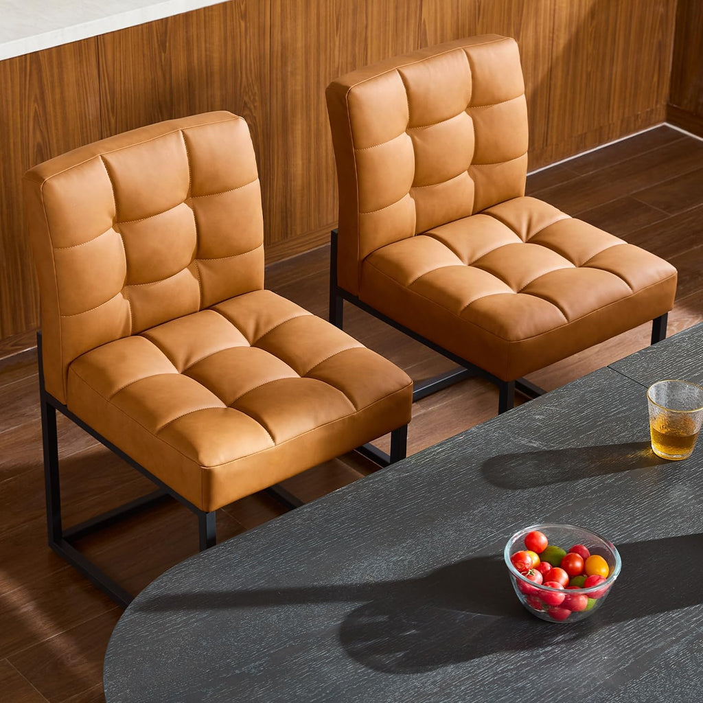 Brown Faux Leather Dining Chairs Set of 2, Mid-Century Modern Dining Room Chairs with Armless, Checkered Kitchen Chair with Metal Legs