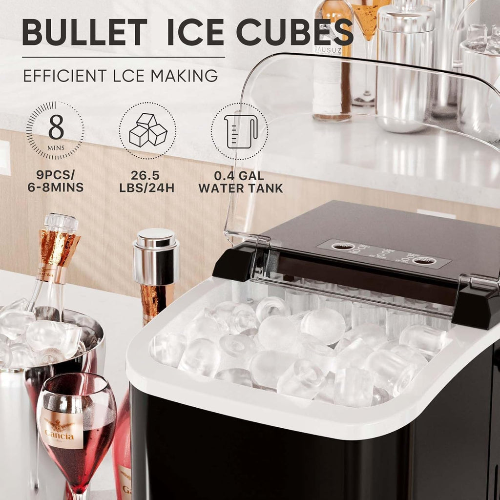 DUMOS Countertop Ice Maker with Handle, 26lbs/24H Portable Ice Machine, 9 Bullet Ice Cubes Ready in 6 Mins, Self-Cleaning, Quiet Compact Ice Maker for Home, Kitchen, RV, Camping, Black