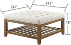 24KF Large Square Upholstered Tufted Linen Ottoman Coffee Table, Large Footrest Ottoman with Solid Wood Shelf-Ivory