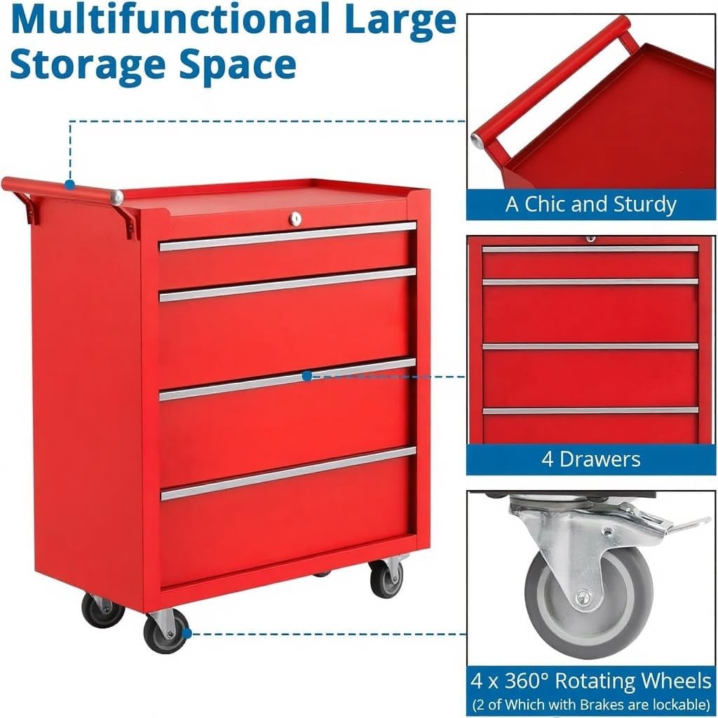 Heavy-Duty Rolling Tool Chest with 4 Lockable Drawers, Featuring a Sturdy Metal Cabinet and Smooth-Wheeling Mobility, Includes Protective Drawer Liners for Secure Storage