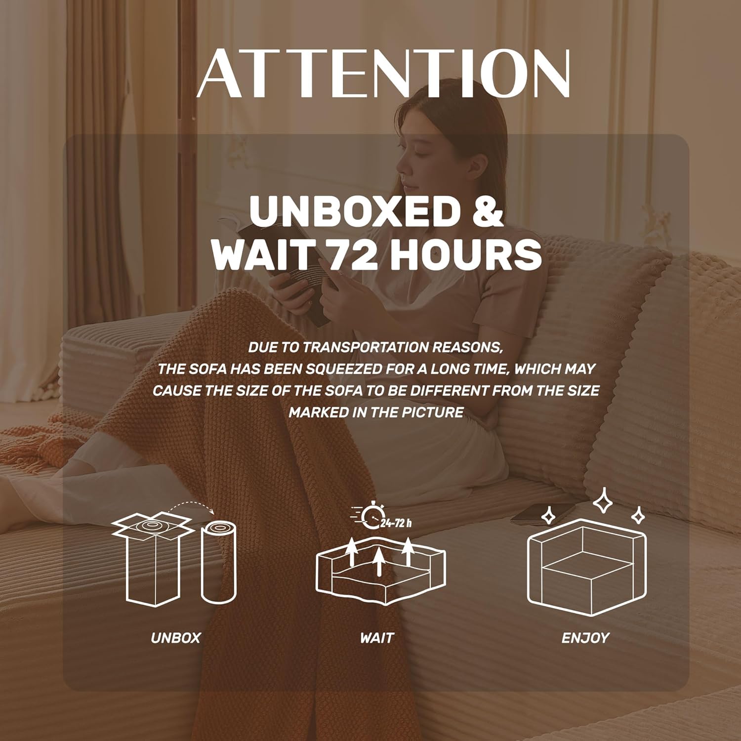 107" Boneless Couch with Deep Seat, Set of Modular Sectional Sofa, Cloud Sectional Couch for Living Room, No Assembly Required, Corduroy, U-Shape 3 Seater Left, Camel