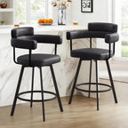26'' Swivel Counter Height Stools with Round Back, Faux Leather Upholstered Bar Stools with Metal Legs, Armrest, Modern Counter Stools for Kitchen Island, Dining Room (Black, Set of 2)