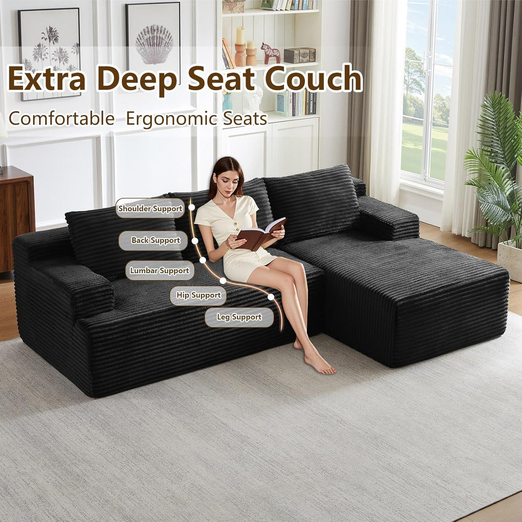 96" Cloud Sectional Sofa, Boneless Couch for Living Room, Modular Sectional Sofa with Deep Seat, Fluffy Comfy Corduroy Couch with L-Shaped Chaise, No Assembly Required (Black, Right Facing)