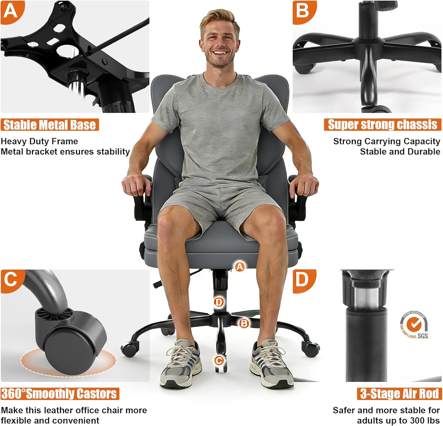 Ergonomic Office Chair with Flip-up Armrests 300lbs,Middle-Tall Computer Office Desk Chair with Lumbar Support,Executive PU Leather Chair with Rocking Function Adjustable Height for Home Office