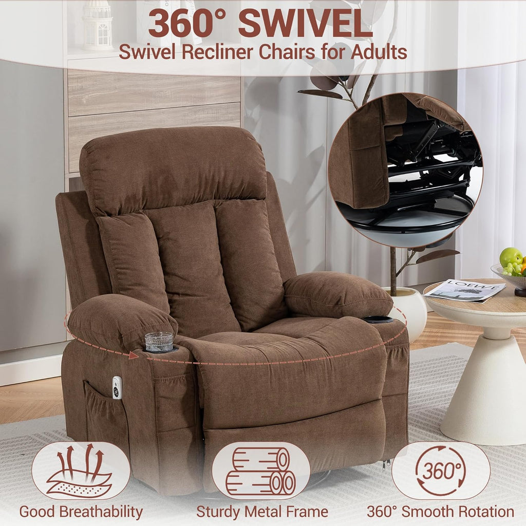 360° Swivel Rocking Chair, Rocker Recliner Chair with Vibration Massage and Heat, Ergonomic Lounge Chairs with Rocking Function and Side Pocket, Cup Holders, Brown