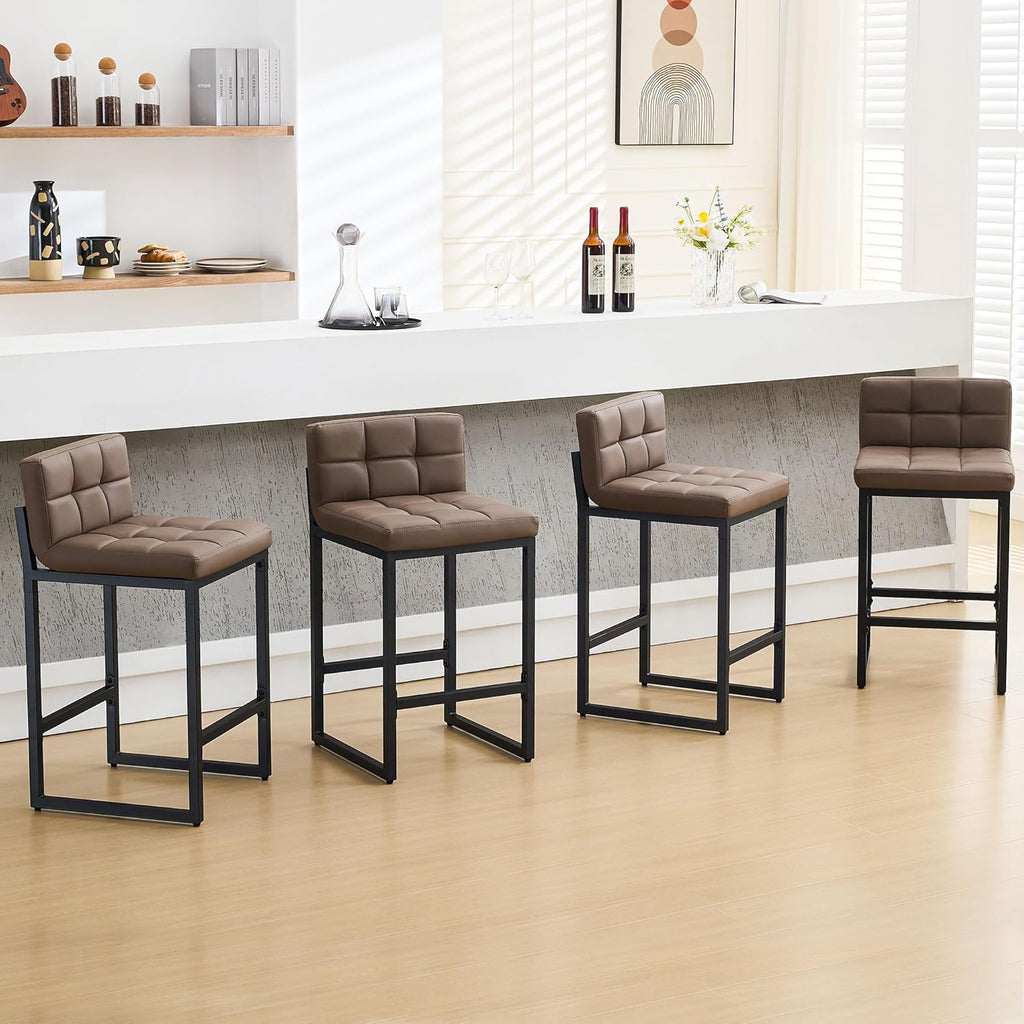 Counter Height Bar Stools Set of 4, Upholstered Barstools with Back, Bar Chairs with Thickened Metal Legs, PU Leather Counter Stools for Kitchen Island (Coffee Brown, 4Pcs 26" Counter Stools)