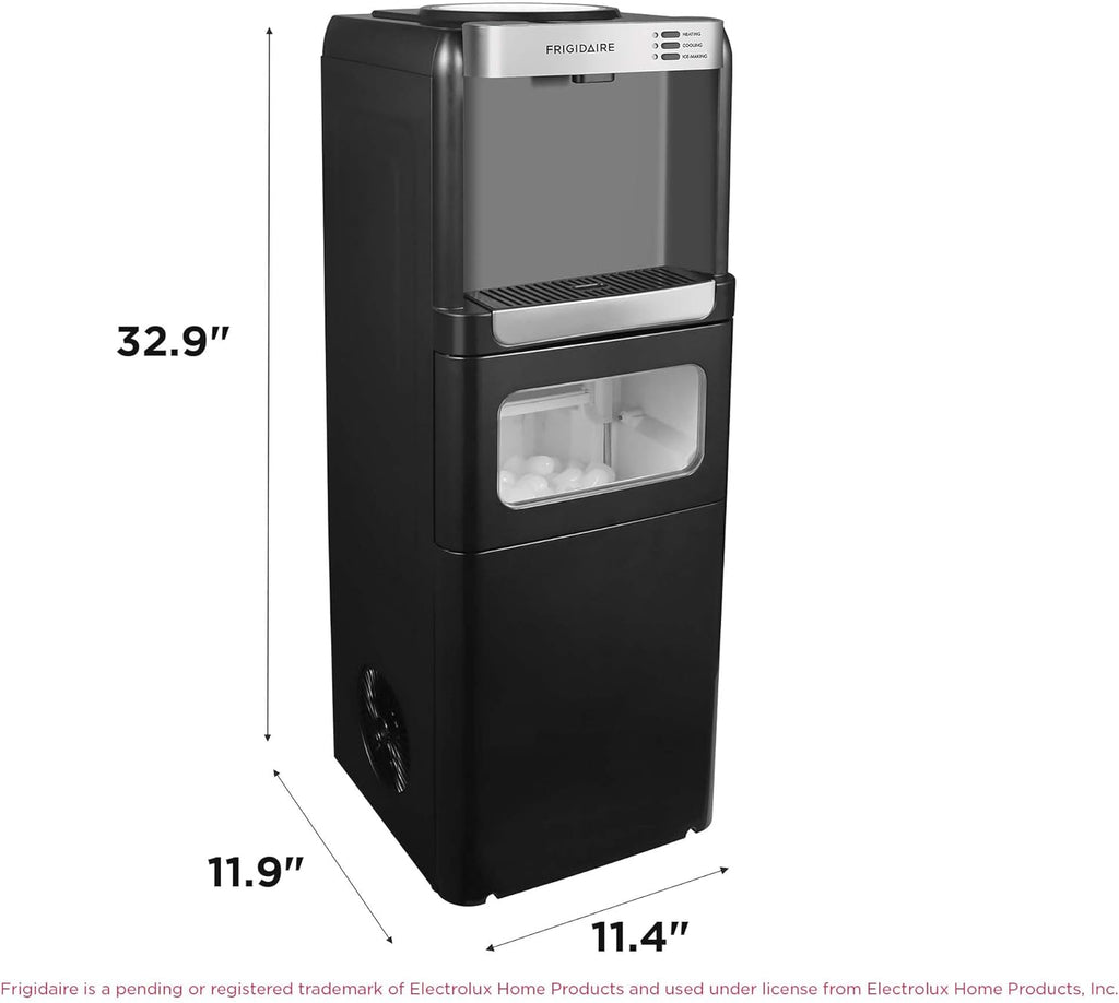 Frigidaire 3-in-1 Ice & Water Machine – Hot or Cold Top-Load Water Cooler Dispenser for 5 Gal Bottle – Built-in Bullet Ice Maker – Compact, Black