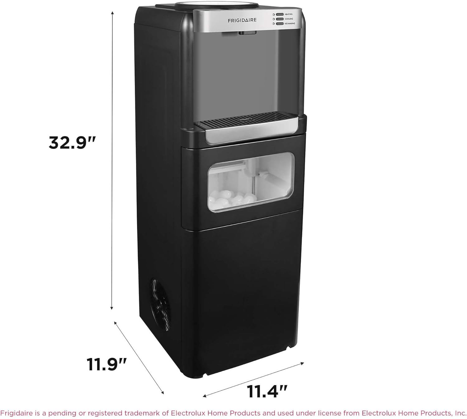 Frigidaire 3-in-1 Ice & Water Machine – Hot or Cold Top-Load Water Cooler Dispenser for 5 Gal Bottle – Built-in Bullet Ice Maker – Compact, Black