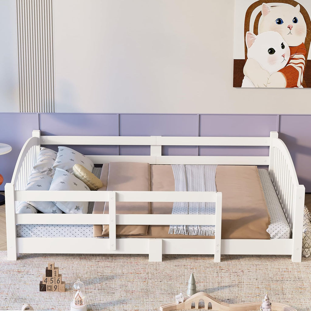 Merax Full Montessori Floor Bed with Safety Guardrails – Solid Wood Kids Bed with Slats & Fence and Without Door, No Box Spring Needed, White