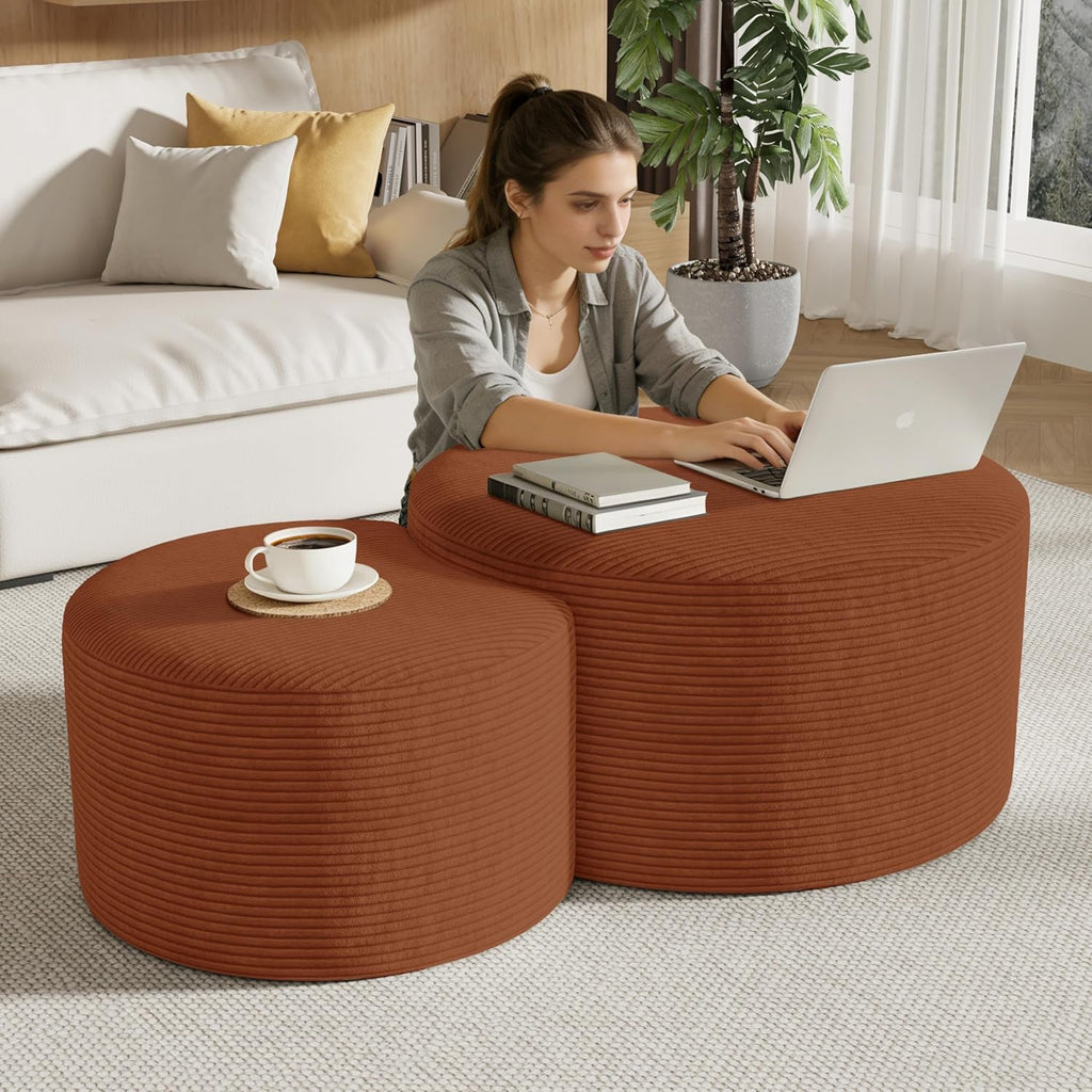 Round Nesting Coffee Table Set of 2,Upholstered Foam Ottoman Footrest Side Table Set,Modern Flannel Circle Coffee Table No Assembly for Living Room Entryway Bedroom,Orange