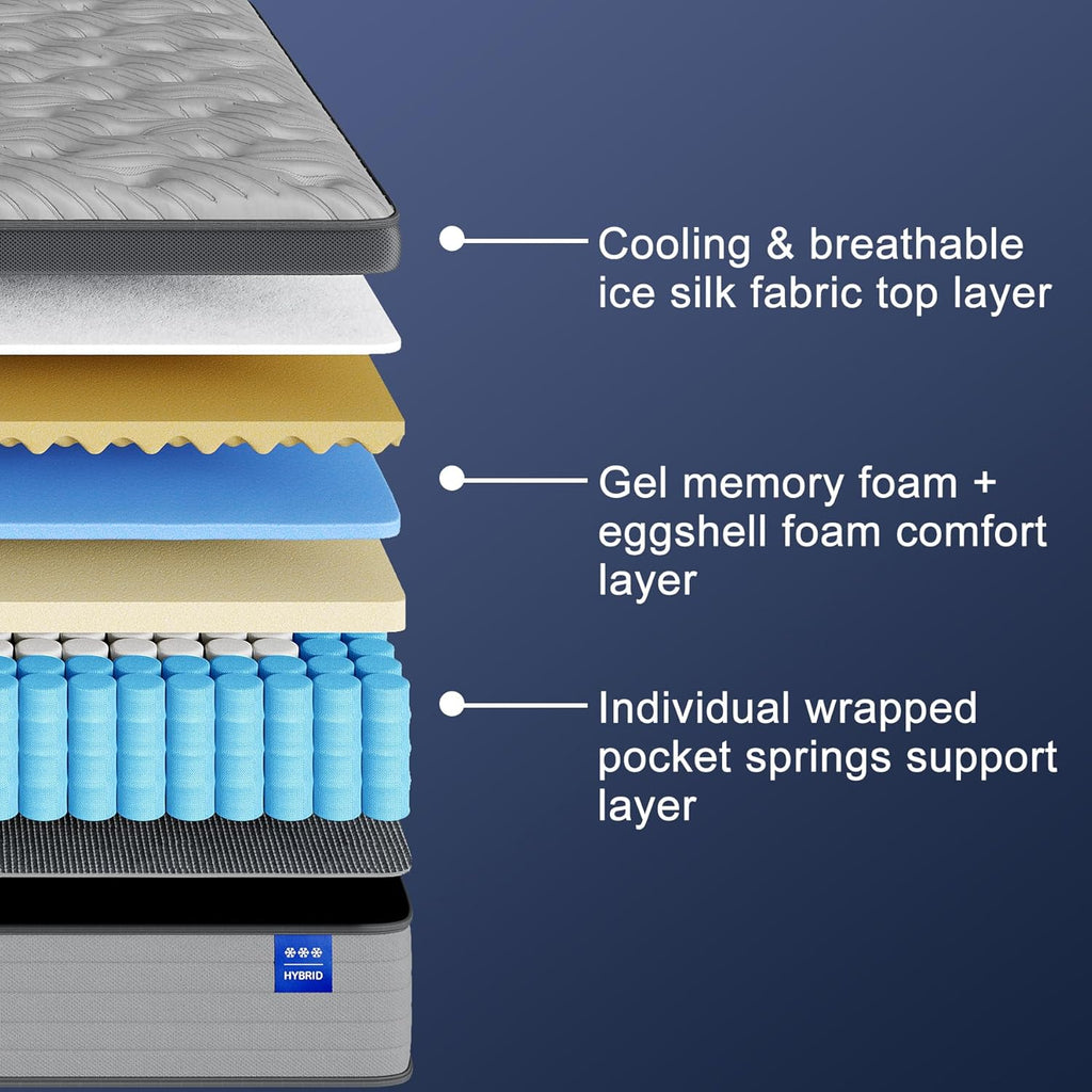 King Size Mattress Firm Mattress 14 Inch for Back Pain Relief,Breathable Cooling Ice Silk Top,Gel Memory Foam, Individual Pocket Spring, Hybrid Mattress King in a Box CertiPUR-US Certified