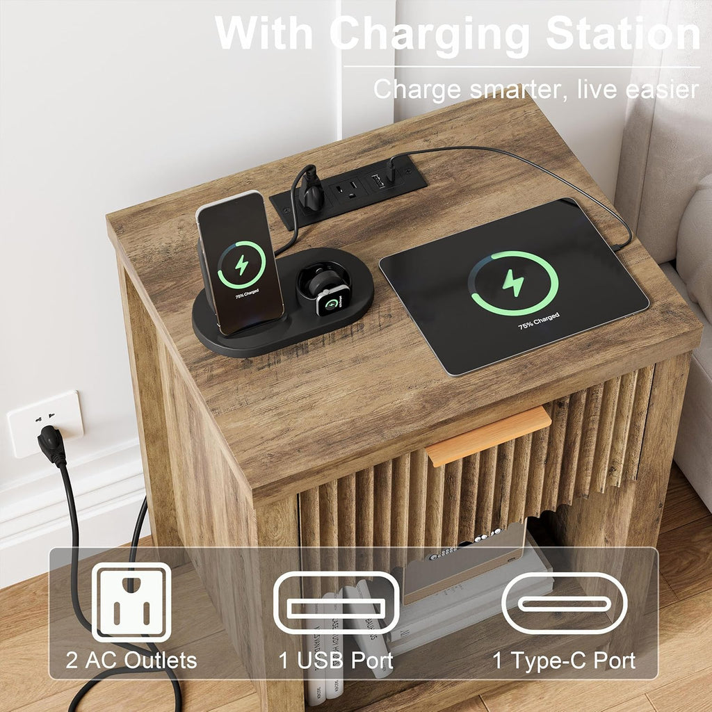 Fluted Nightstands with Charging Station Set of 2, Brooklyn Night Stand with Drawers, Modern Beside Table with Storage End Table for Bedroom Living Room (2, Brown with Charging Station) BNS101DRE-2