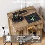 Fluted Nightstands with Charging Station Set of 2, Brooklyn Night Stand with Drawers, Modern Beside Table with Storage End Table for Bedroom Living Room (2, Brown with Charging Station) BNS101DRE-2
